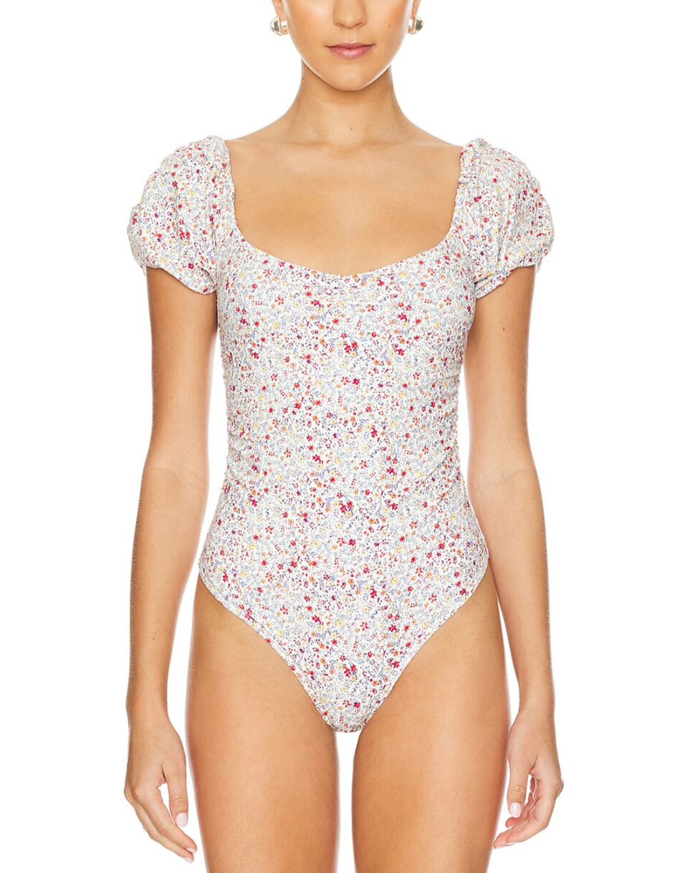 Free People Bella Bodysuit Womens Medium Blue Floral Ditsy Puff Sleeve Thong M